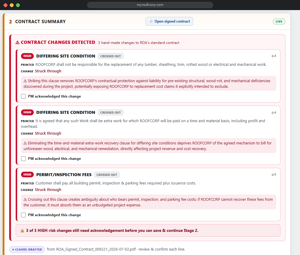 Contract changes detected and acknowledged by the project manager