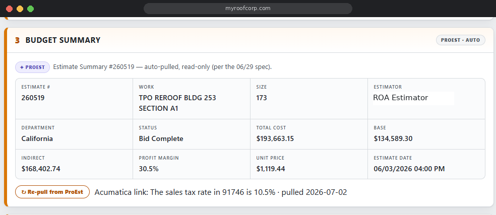 Budget summary auto-pulled from the estimating system
