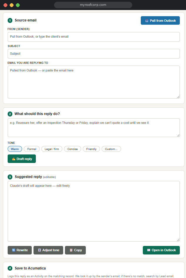 AI reply assistant with tone control and Outlook hand-off