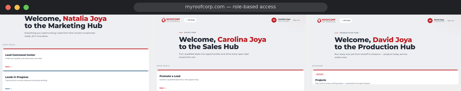 Role-based hubs for Marketing, Sales, and Production
